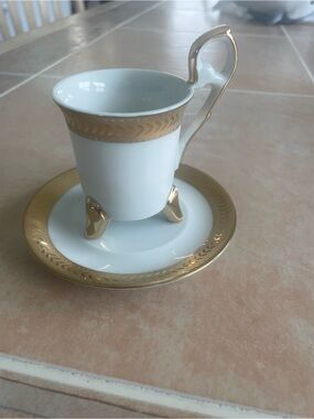 White Porcelain Demitasse Cup & Saucer with Gold Trim
